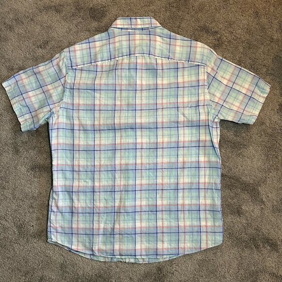 Untuckit 100% Linen Shirt Mens Large Blue Multi Plaid Stretch Lewis Short Sleeve - Picture 6 of 9
